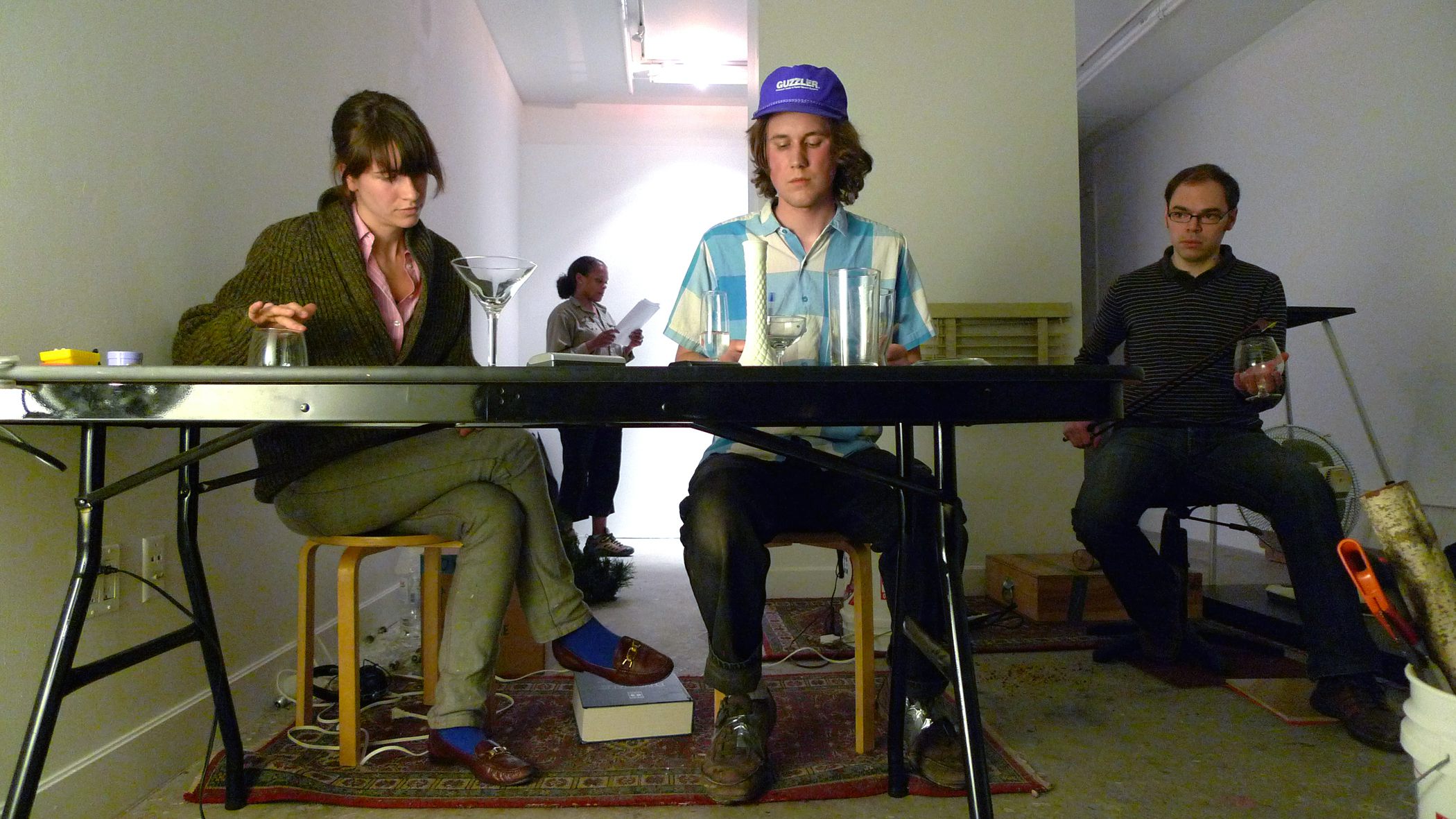 *Batsong, Rehearsals for an Audioplay,* 2009, Rehearsal. Adrian Williams, Malaika Alvaro, Turner Williams, Theodore Köhler